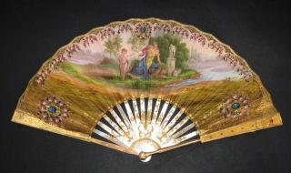 Great French Charles X Gold Ormolu Gem Inlay Mother Of Pearl Figural Scene Fan