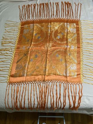 Antique Silk Piano Scarf Shawl Embroidered Floral Long Fringe 32” X 34”