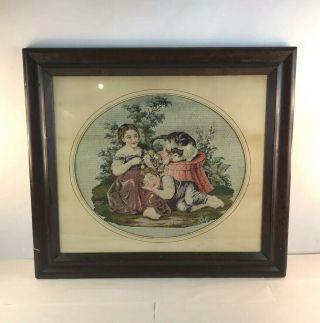 Antique Framed French Needlepoint Children With Cat