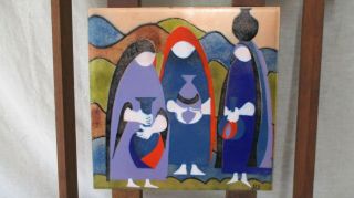 JUDITH DANER SIGNED ART PAINTING ENAMEL COPPER FRAMED 3 WOMEN 18X18 FRAMED 11X11 2