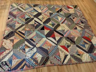Stunning Antique Hand Made Hand Quilted Crazy Patch Work Quilt 65 X 78”