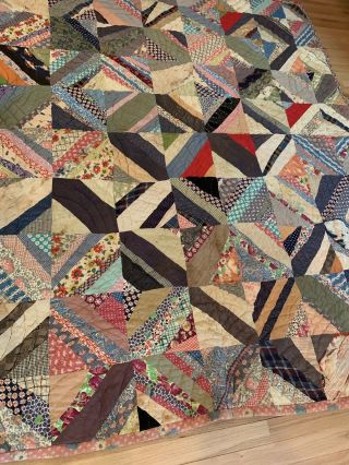 Stunning Antique Hand Made Hand Quilted Crazy Patch Work Quilt 65 X 78” 2