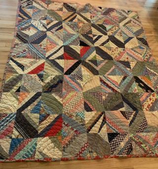 Stunning Antique Hand Made Hand Quilted Crazy Patch Work Quilt 65 X 78” 3