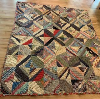Stunning Antique Hand Made Hand Quilted Crazy Patch Work Quilt 65 X 78” 6