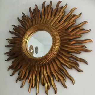 Vintage Mid Century Stylish Modern Gold French Sunburst Starburst Convex Mirror