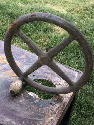 Vintage Cast Iron Hand Crank Wheel Wood Handle Industrial Machine Age Repurpose