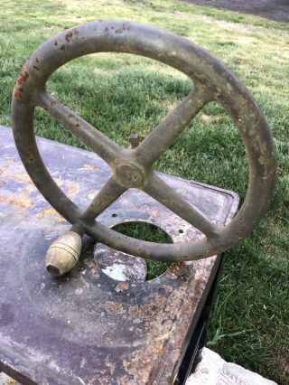 Vintage Cast Iron Hand Crank Wheel Wood Handle Industrial Machine Age Repurpose 2