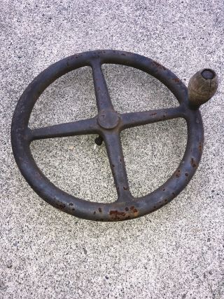Vintage Cast Iron Hand Crank Wheel Wood Handle Industrial Machine Age Repurpose 4