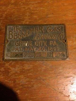 Brass Industrial Bessemer Gas Engine Nameplate Hit - Miss Steampunk 1899 - 1929