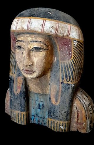 Giant Wood Egyptian Antique Mask Nefertari Goddess Figurine Bust Mummy Sculpture