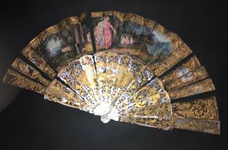 Victorian French Carved Mother Of Pearl Gold Inlay Figural Scene Fan