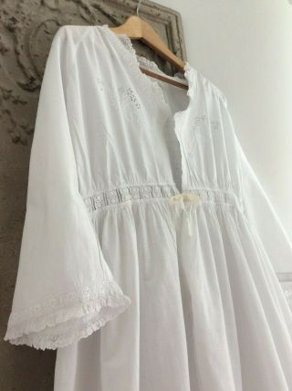 Antique French Chemise Night Shirt/Smock Cotton Broderie Anglais & Delicate Lace 3