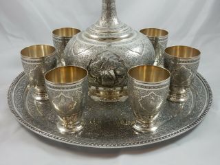 Magnificent,  Persian Solid Silver Jug And 6 Beakers On Tray,  C1950,  3295gm
