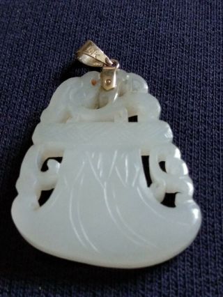 Old Chinese White Nephrite Jade Necklace Pendant Axe Ax Adz 14ct Gold