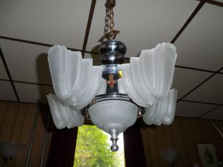 Antique 5 Light,  Art Deco Slip Shade Ceiling Fixture