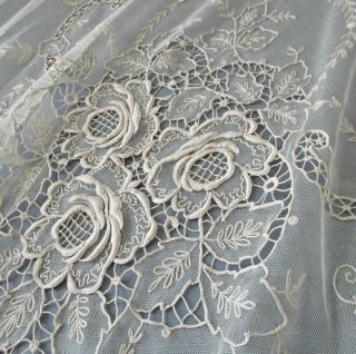 Vintage French Tambour Lace Curtain Panel 94 " X42 " Embroidered Flowers Openwork