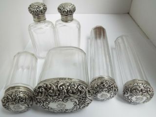 Lovely Matching Set Antique 1902 Solid Silver Topped Bottles Mappin & Webb