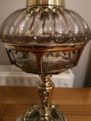 Vintage Victorian Hinks Brass drop in oil lamp cut glass font acid etched shade 2