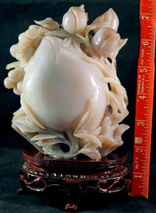 Chinese Blue/Grey Agate Carving Large Peach / Fruit - Long Life on Wooden Stand 10