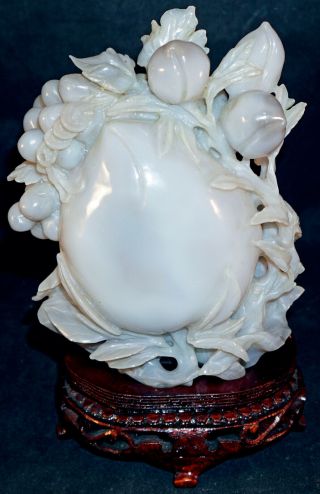 Chinese Blue/grey Agate Carving Large Peach / Fruit - Long Life On Wooden Stand