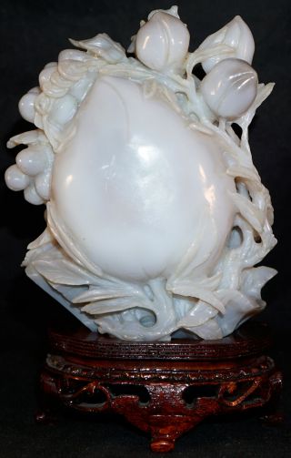 Chinese Blue/Grey Agate Carving Large Peach / Fruit - Long Life on Wooden Stand 2