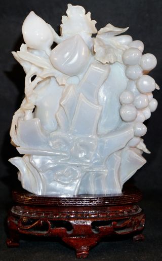 Chinese Blue/Grey Agate Carving Large Peach / Fruit - Long Life on Wooden Stand 4