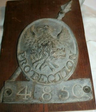 Antique Lead Fire Mark Plaque Sign Figural Phoenix Birds Mounted On Wood