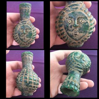 Very Rare Ancient Phoenician Green Glass Bottle With Face,  500 Bc