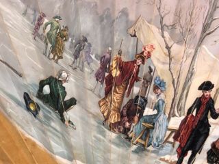 GREAT RUSSIAN ? HAND PAINTED FIGURAL WINTER SKATERS SCENE LARGE FAN 4