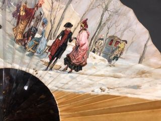 GREAT RUSSIAN ? HAND PAINTED FIGURAL WINTER SKATERS SCENE LARGE FAN 5