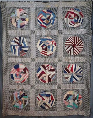 Antique Early 1900s Paper Pieced Spider Web Quilt Top 67 " X 86 "