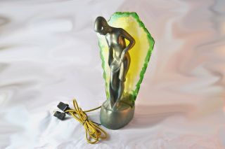 Art Deco Nude Lady Lamp With Yellow/green Shade Chalkware