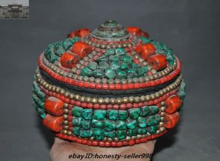 8 " Old Tibet Tibetan Buddhism Turquoise Coral Hand Made Jewelry Box Boxes Statue