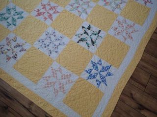 SO Pretty A Summer Cottage VINTAGE 30s Yellow Star QUILT Well Quilted 82x64 