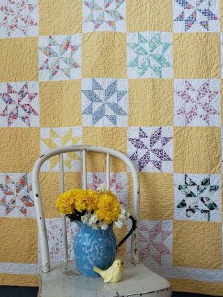 So Pretty A Summer Cottage Vintage 30s Yellow Star Quilt Well Quilted 82x64 "