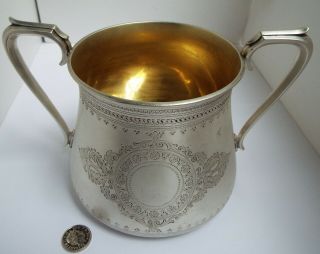 Fab Large Heavy English Antique Victorian 1869 Sterling Silver & Gilt Sugar Bowl