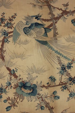 Antique French Curtain c1900 GORGEOUS blue bird pattern floral Chinoiserie 11