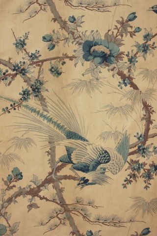 Antique French Curtain c1900 GORGEOUS blue bird pattern floral Chinoiserie 12