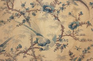 Antique French Curtain c1900 GORGEOUS blue bird pattern floral Chinoiserie 2