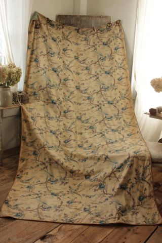 Antique French Curtain c1900 GORGEOUS blue bird pattern floral Chinoiserie 4