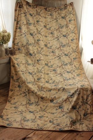 Antique French Curtain c1900 GORGEOUS blue bird pattern floral Chinoiserie 5