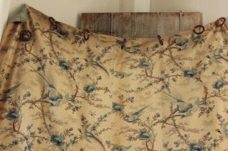 Antique French Curtain c1900 GORGEOUS blue bird pattern floral Chinoiserie 6