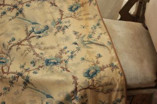 Antique French Curtain c1900 GORGEOUS blue bird pattern floral Chinoiserie 9