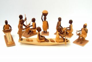 Vintage African Nigerian Thorn Wood Carved Village Tribal Figures Fishing Canoe