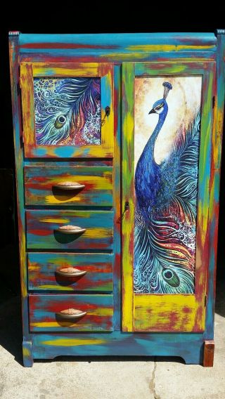 Bohemian Style Painted Antique Chifferobe Wardrobe Cabinet Dresser With Peacock