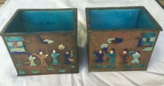 Pair (2) Antique Chinese Enamel On Copper Planters