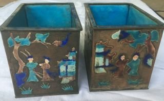 PAIR (2) ANTIQUE CHINESE ENAMEL ON COPPER PLANTERS 4