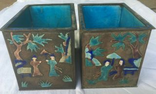 PAIR (2) ANTIQUE CHINESE ENAMEL ON COPPER PLANTERS 6
