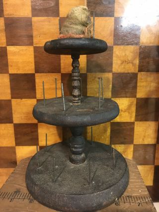 Antique Folk Art Carved Wooden Thread Spool Holder Sewing Stand Old Paint 3 Tier