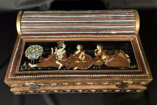 Antique Roll Top Lap Desk With Hand Painted India Man & Women Scene With Peacock